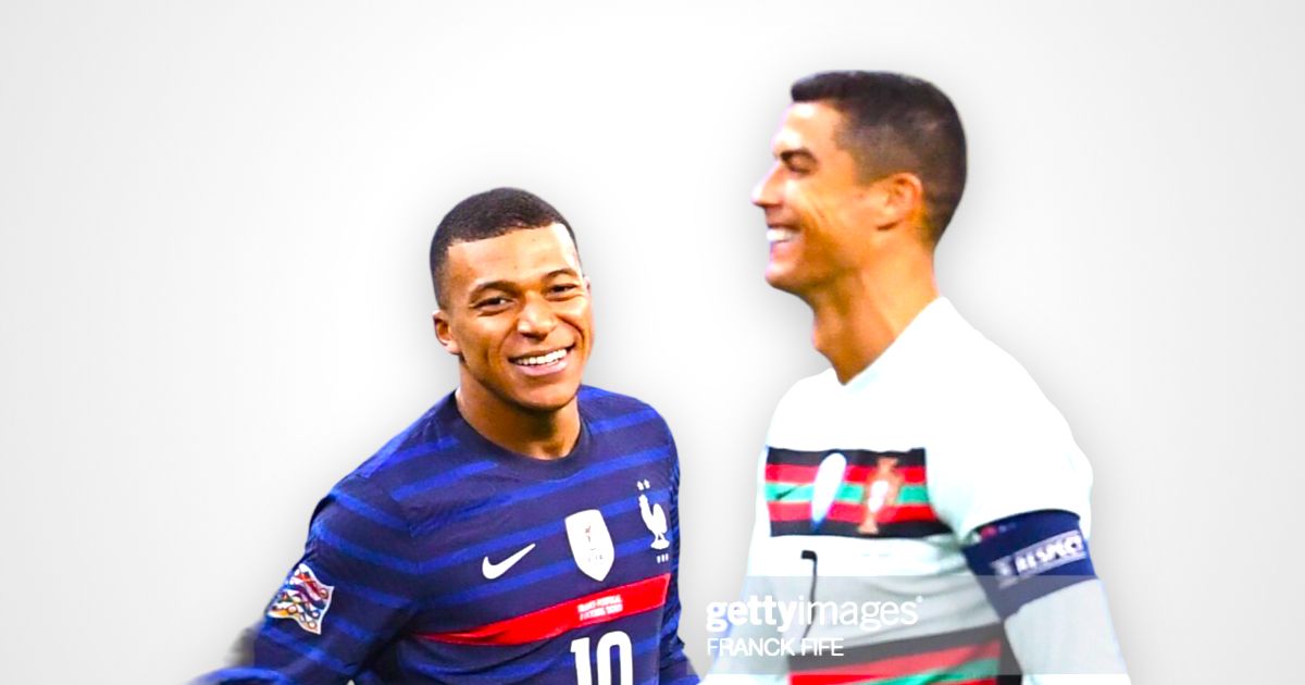 Mbappe-e-Ronaldo-sorrindo-durante-partida-entre-Franca-e-Portugal-CR7-Crsitiano-Ronaldo-Kylian