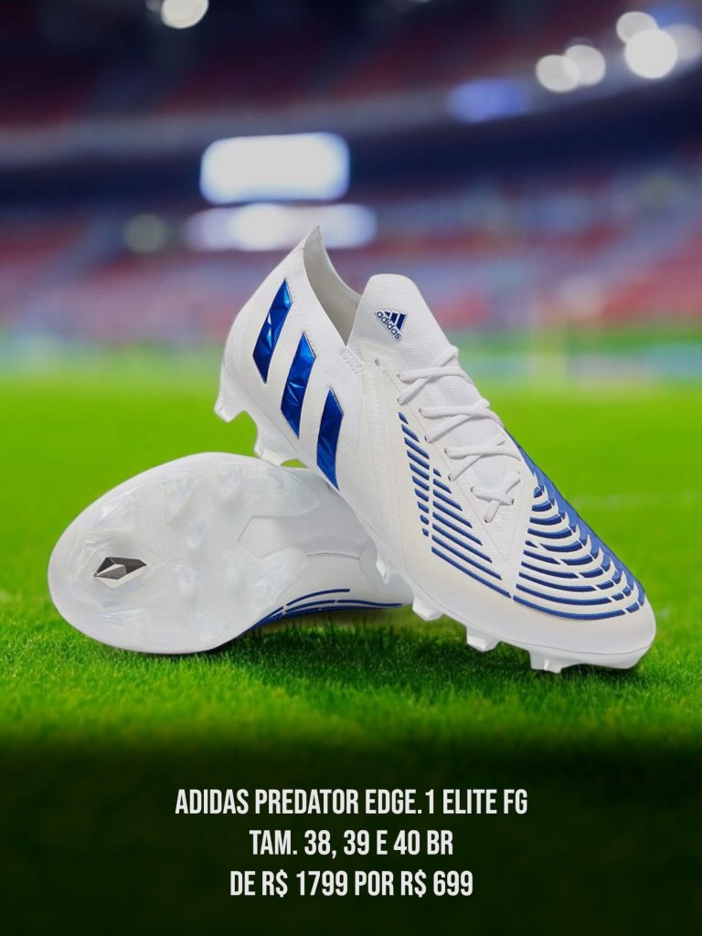 Chuteira Adidas Predator Edge. 1 Low FG Elite - Branca e Azul